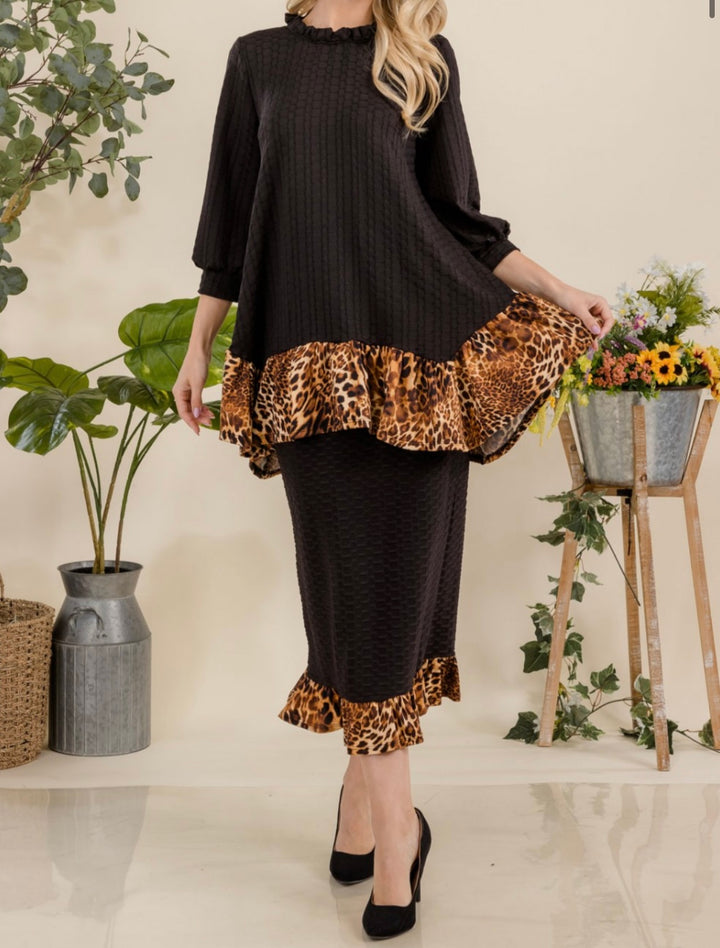 Felicity Black Honeycomb Asymmetrical Top with Animal Print Addition