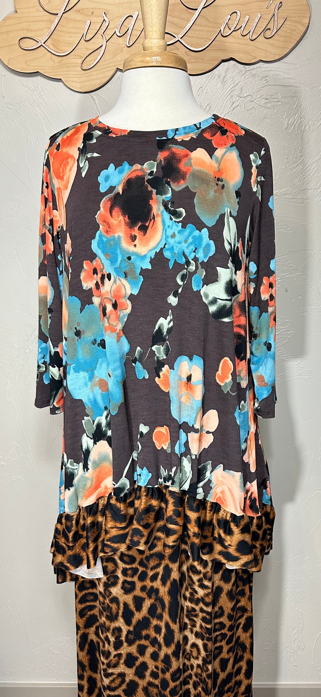 Katrina Asymmetrical Floral with Animal Print Contrast Top