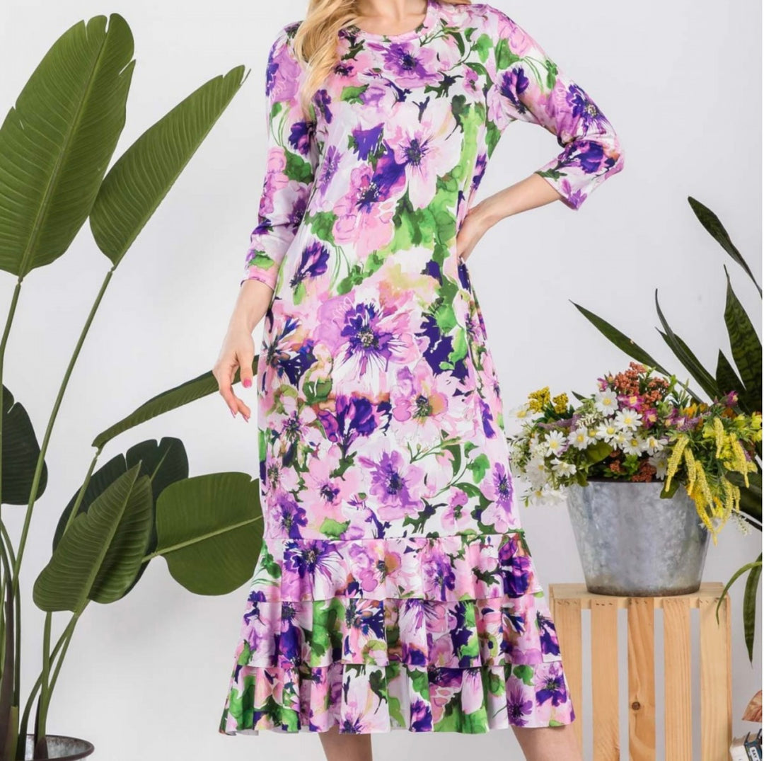 Liza Lou's Purple Floral Long Layering Dress with Bottom Ruffles