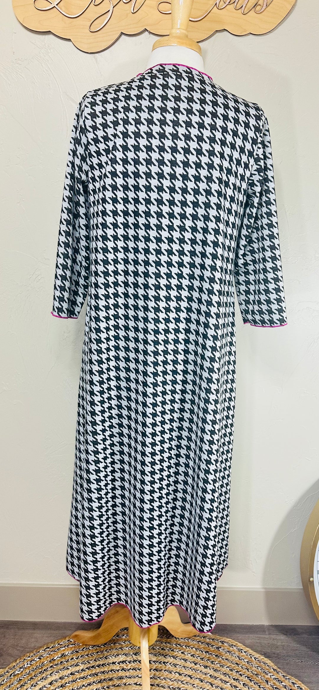 Selena Houndstooth Long Modest Dress with Magenta Pink Stitching