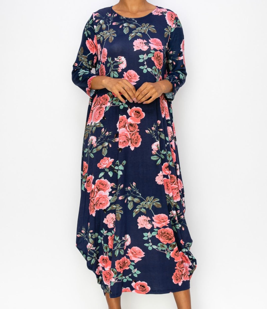 Poliana Navy Blue with Pink Rose Print Pattern Bubble Dress Long Maxi Dress