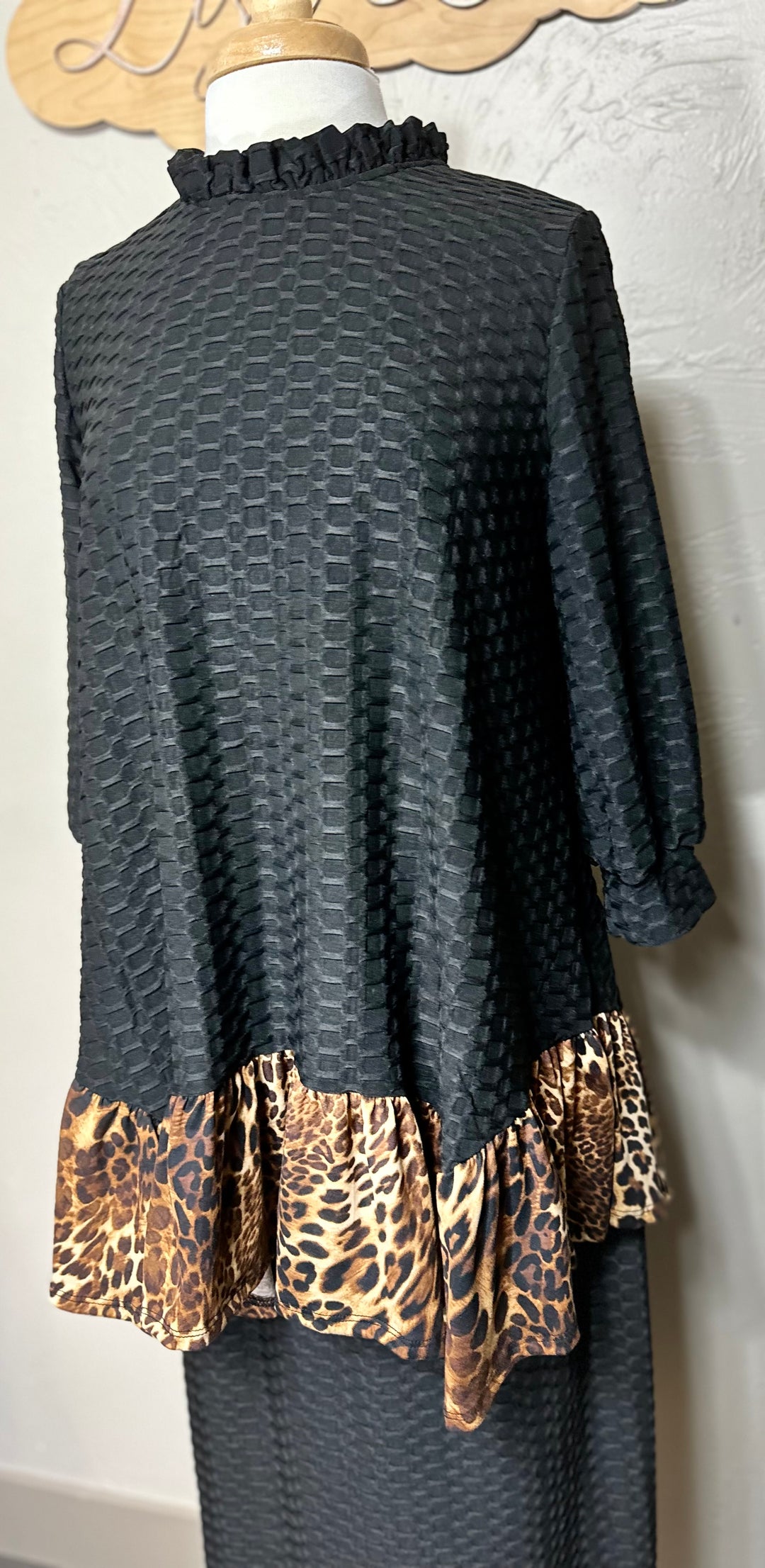 Felicity Black Honeycomb Asymmetrical Top with Animal Print Addition