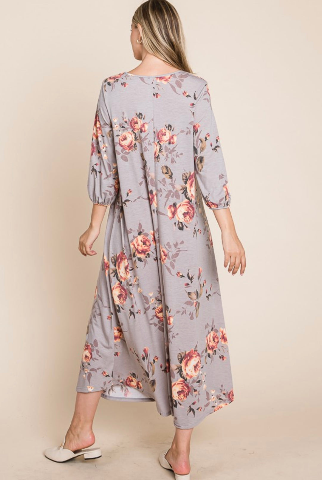 Liza Lou's BomBom Flowy Maxi Colorful Taupe/Gray Floral Dress