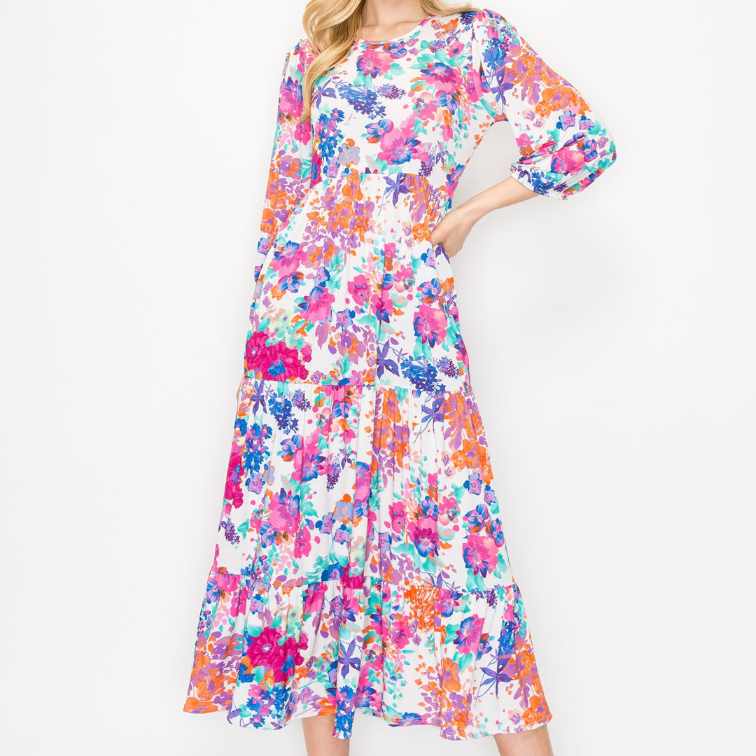 Liza's Spring/Summer Modest Long Floral Tiered Dress with Elastic Waist