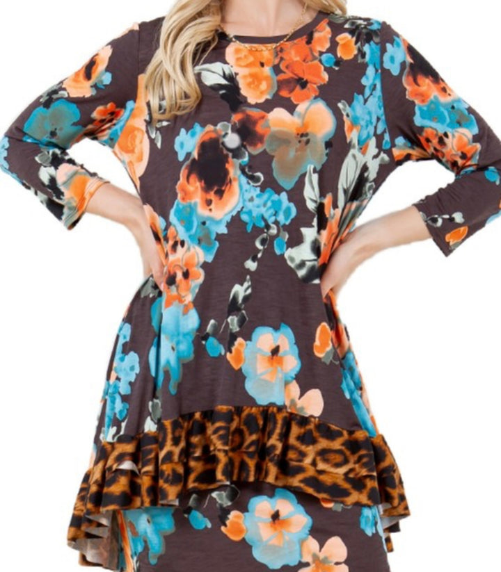 Katrina Asymmetrical Floral with Animal Print Contrast Top