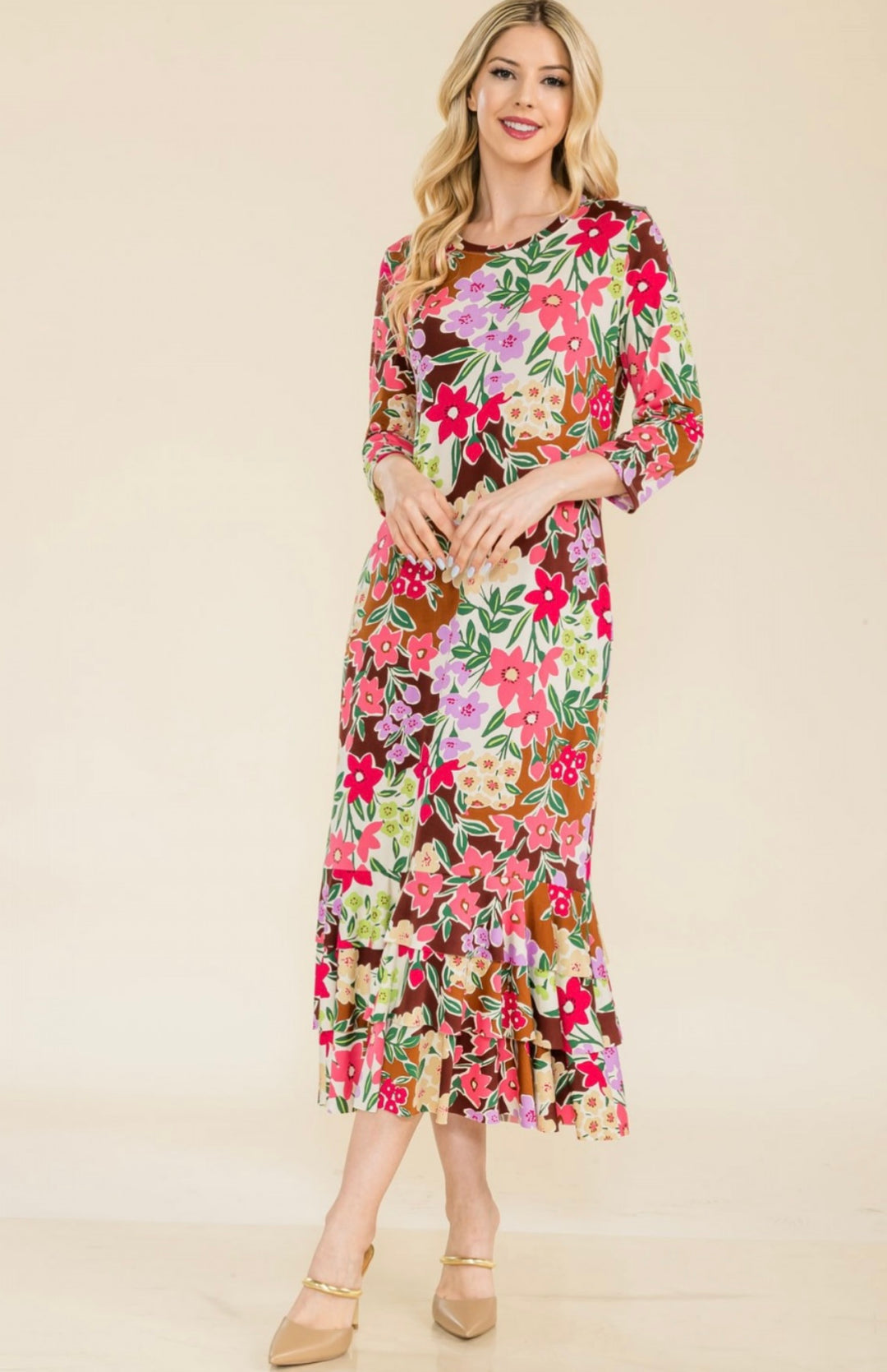 Liza Lou's Brown/tan with Multi Color Floral Long Layering Dress with Bottom Ruffles