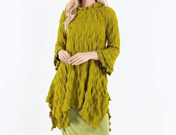 Lovely Lady Textured Pistachio Green Shark Bite Handkerchief Tunic