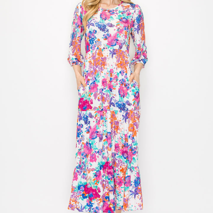 Liza's Spring/Summer Modest Long Floral Tiered Dress with Elastic Waist