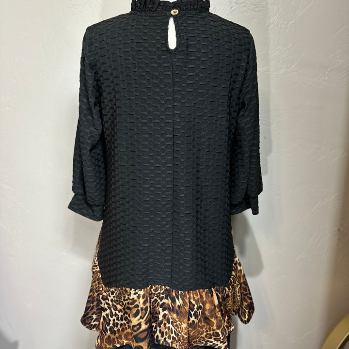 Felicity Black Honeycomb Asymmetrical Top with Animal Print Addition