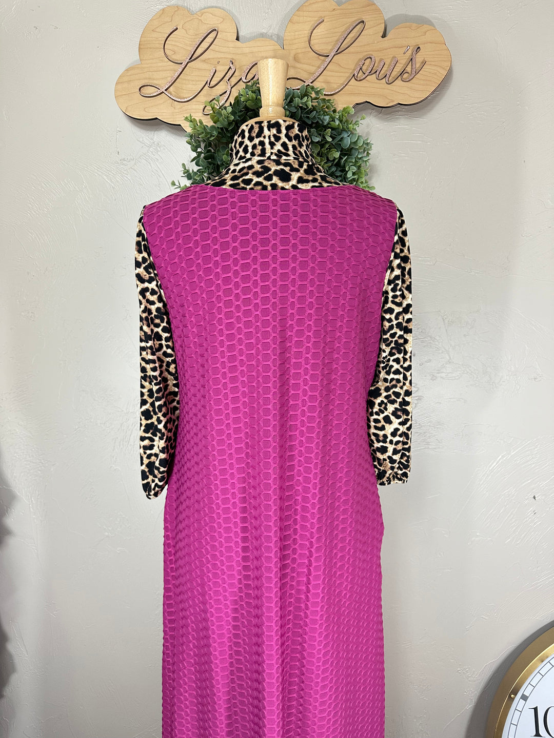 Women's Classic Long Modest Magenta Pink Honeycomb Dress with Animal Print Sleeves & Tie