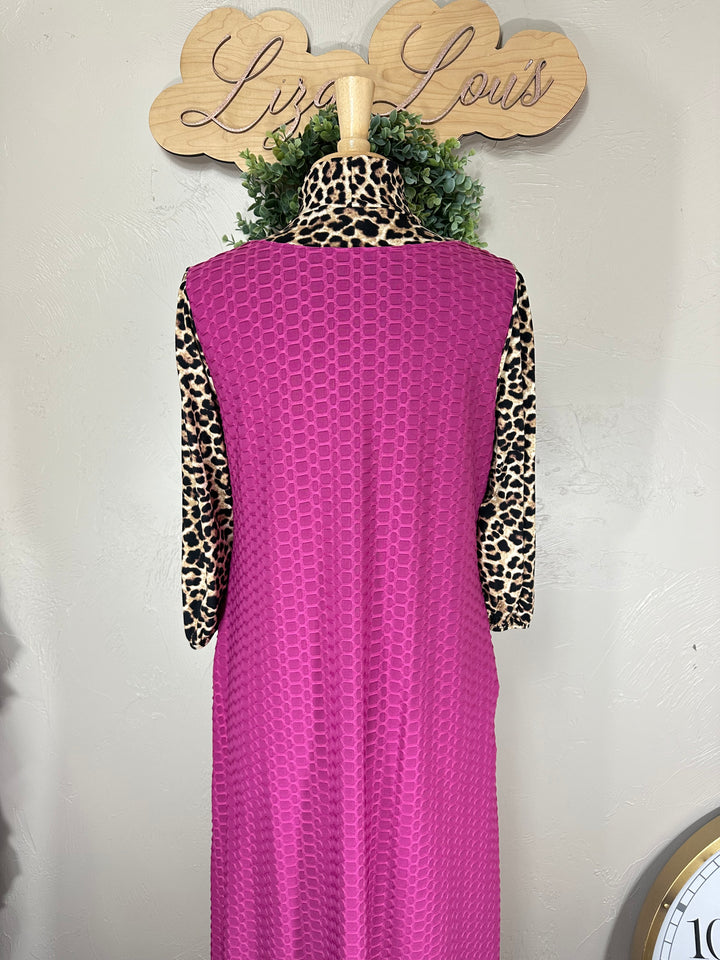 Women's Classic Long Modest Magenta Pink Honeycomb Dress with Animal Print Sleeves & Tie