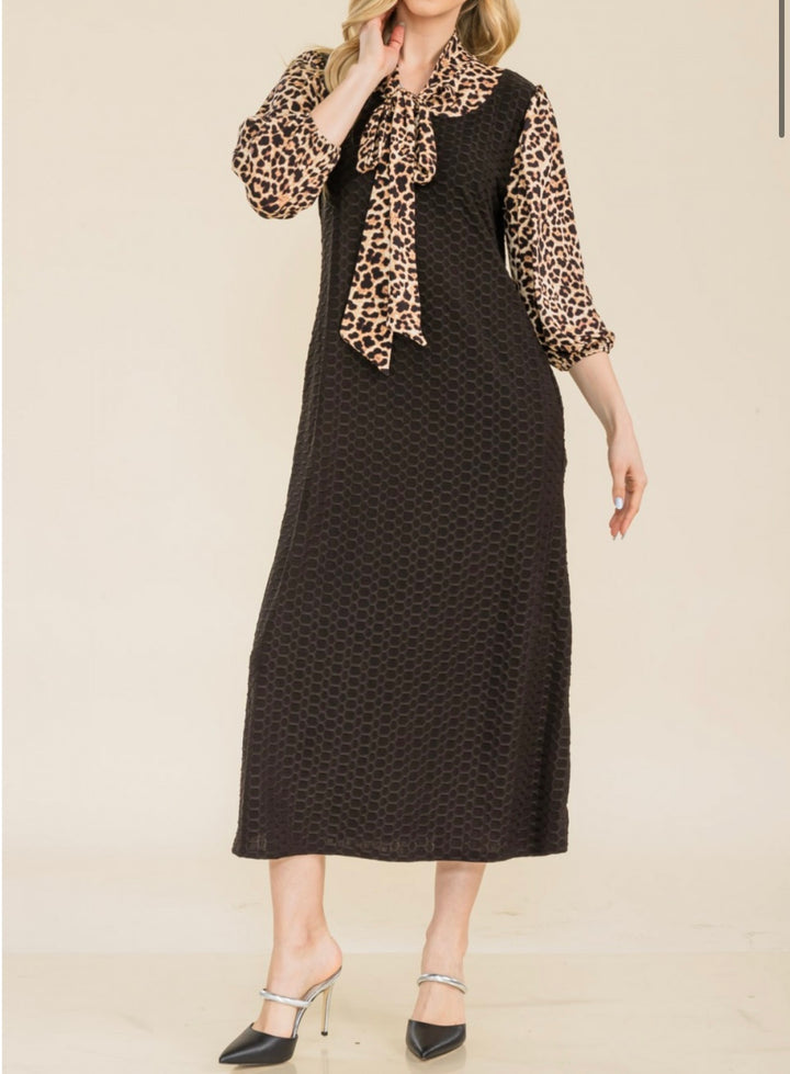 Women's Classic Long Modest Black Honeycomb Dress with Animal Print Sleeves & Tie