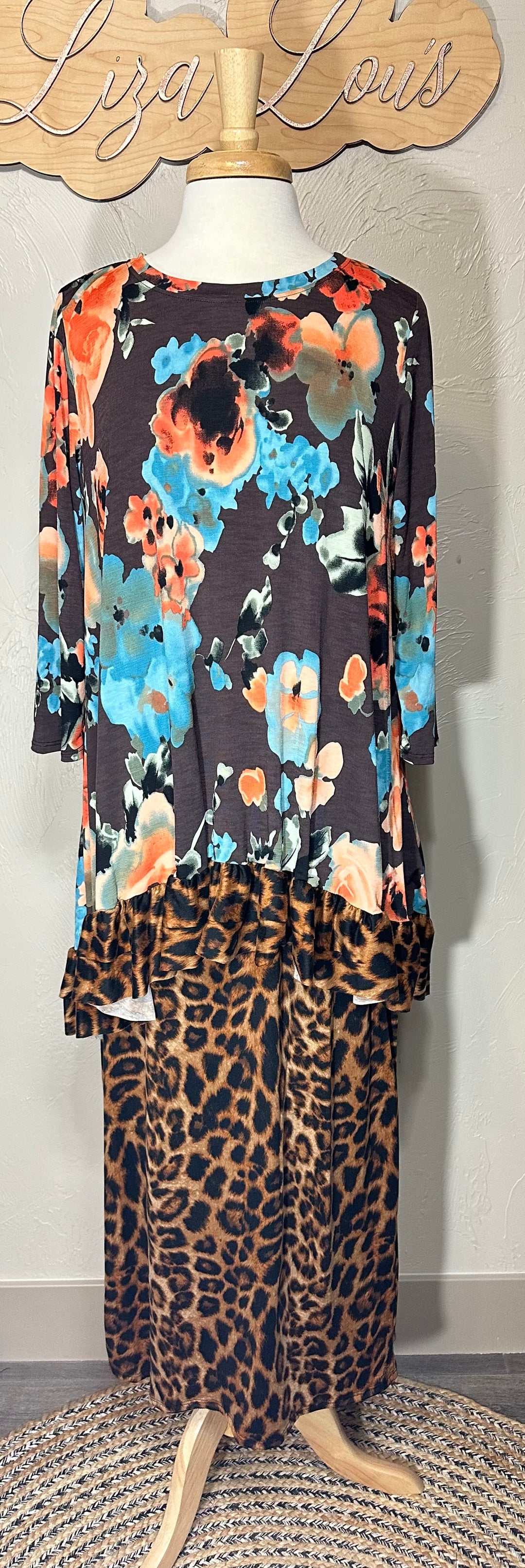 Katrina Asymmetrical Floral with Animal Print Contrast Top