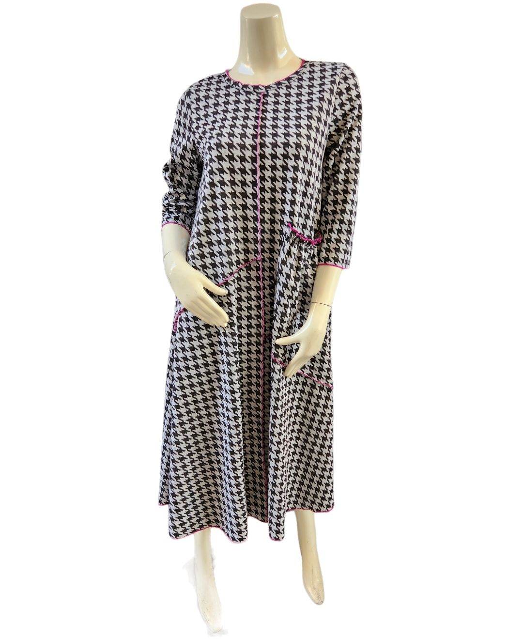 Selena Houndstooth Long Modest Dress with Magenta Pink Stitching