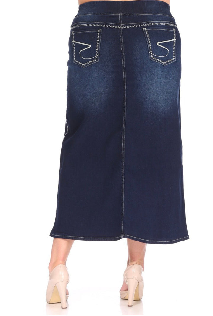 Women’s Long Modest Denim Maxi Skirt Dark Indigo Blue with elastic waist