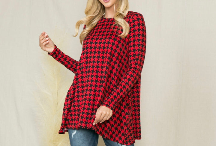 Women's Red & Black Houndstooth Handkerchief Tunic Top w/ pockets