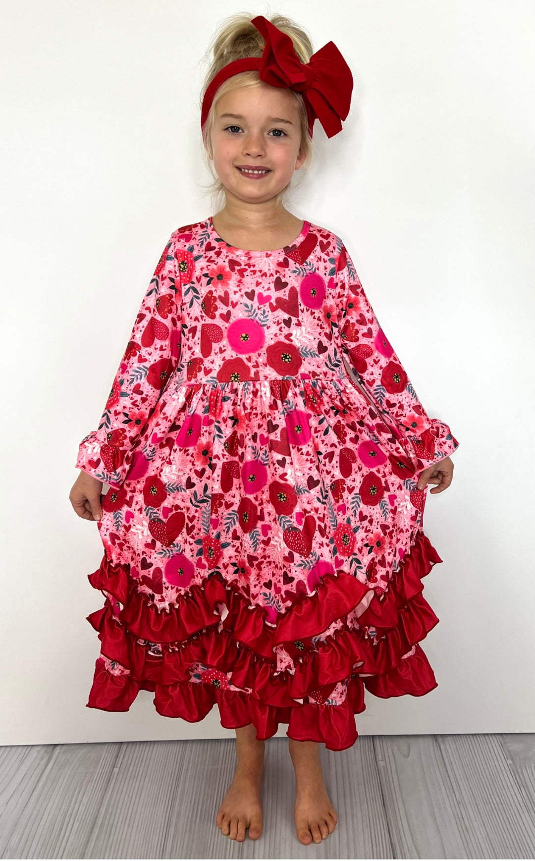 Red Poppy Hearts Pink Hearts Toddler Girl's Dress Floral Dress with Ruffles Long Maxi Dress