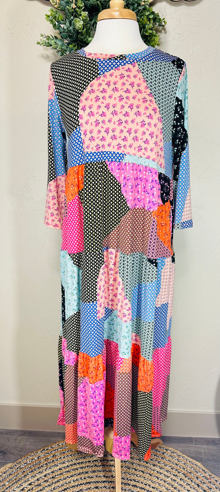 Liza Lou's Maddy Patchwork Tiered Colorful Midi Long Dress Misses & Plus Sizes