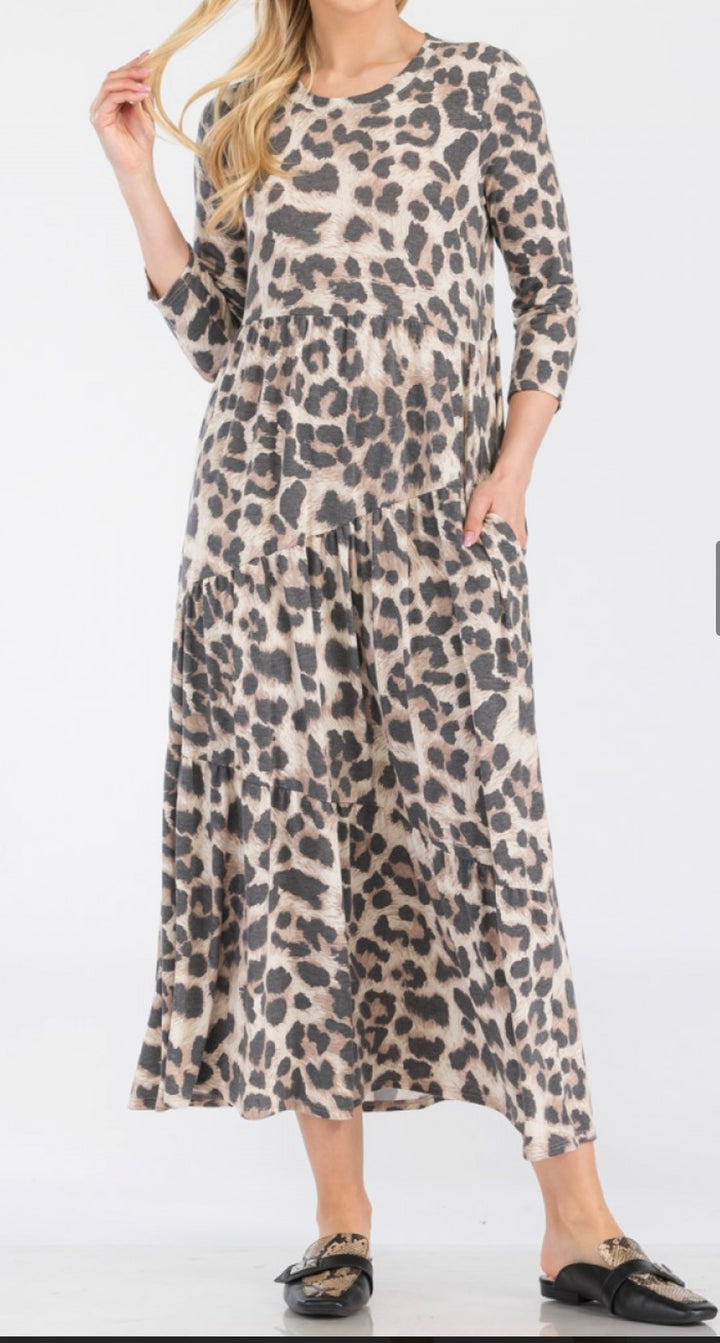 Leopard Print Asymmetric Tiered Midi Dress