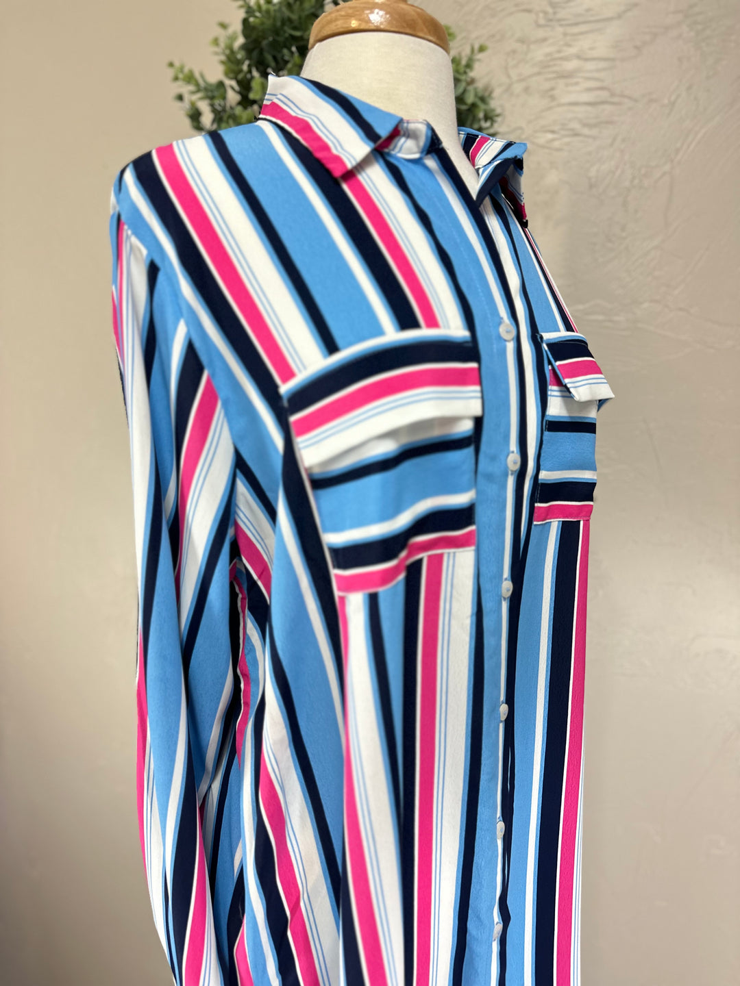 Liza’s Umgee Navy & Pink Striped Long Modes Button Up Blouse