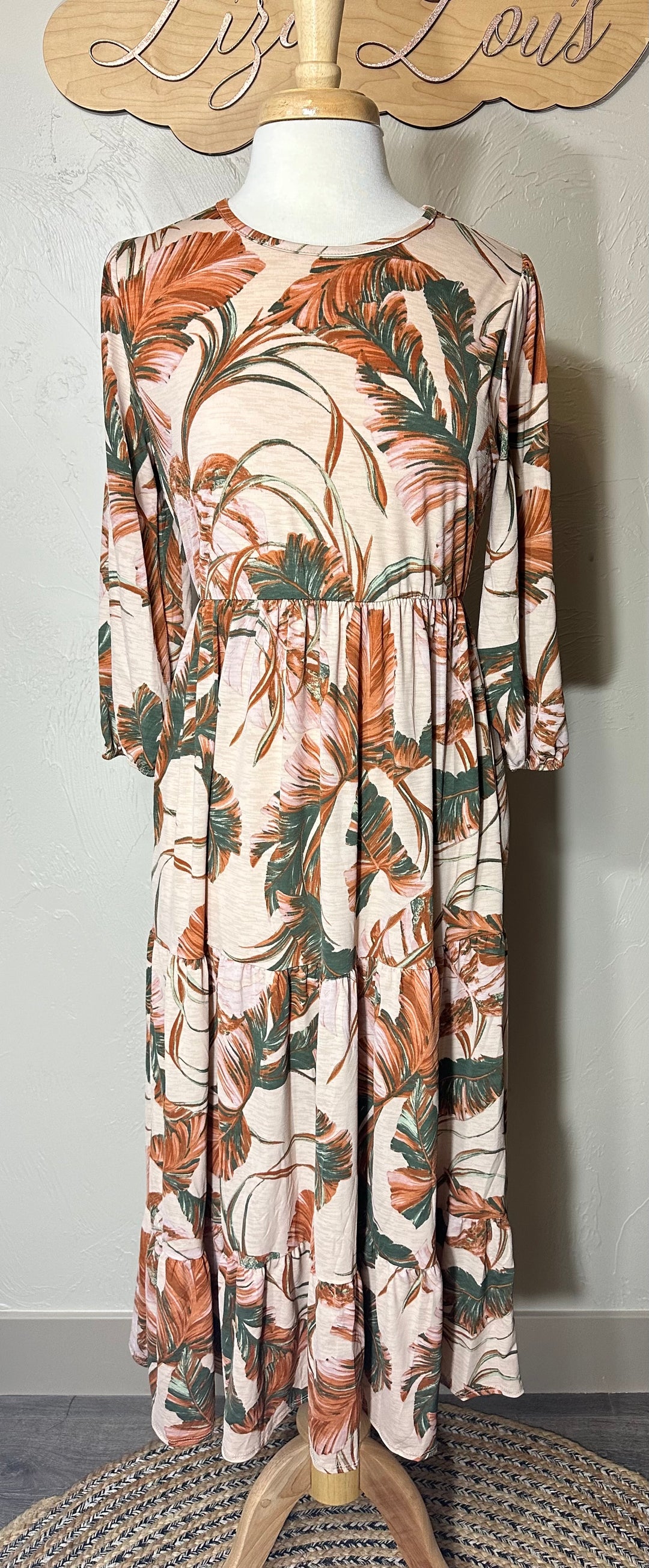 Topical Caramel Modest Long Floral Tiered Dress with Elastic Waist