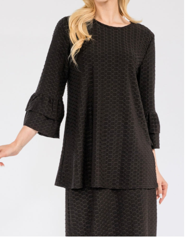 Liza's Celeste Black  Modest Honey Comb Top with Ruffled Sleeves