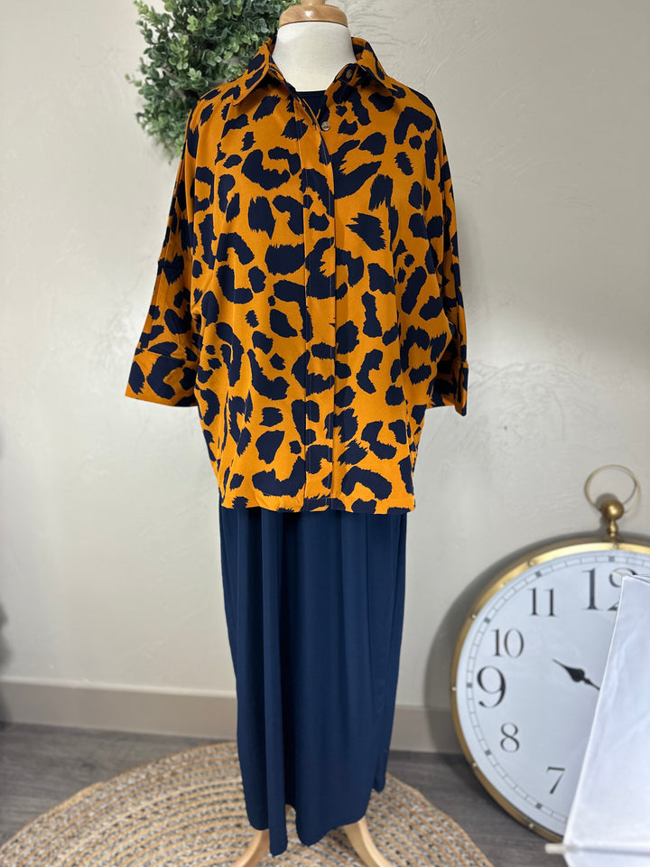 Liza’s Umgee Blouse Top w/ Navy Animal Print  Ochre Background