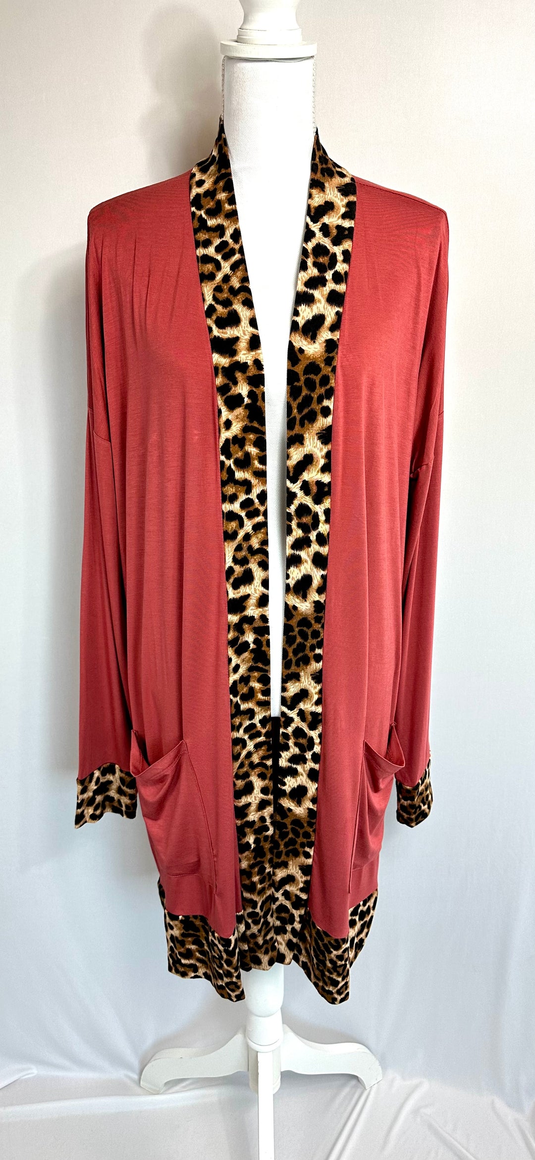 Marsala Open Modest cardigan with Animal Print Trim Contrast with Pockets