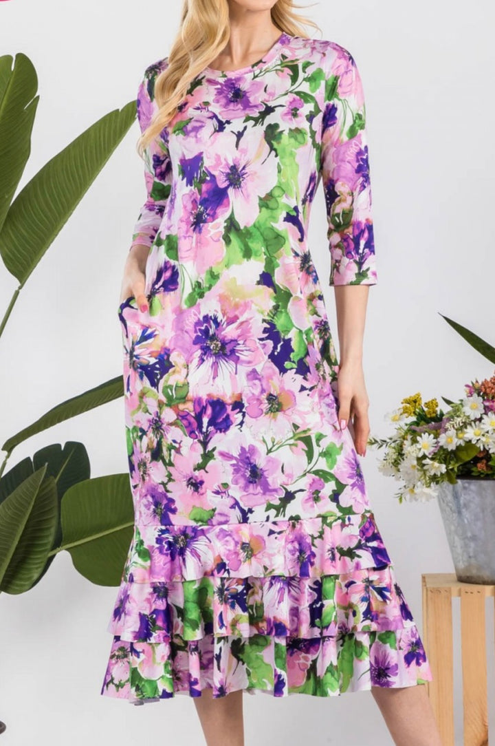 Liza Lou's Purple Floral Long Layering Dress with Bottom Ruffles