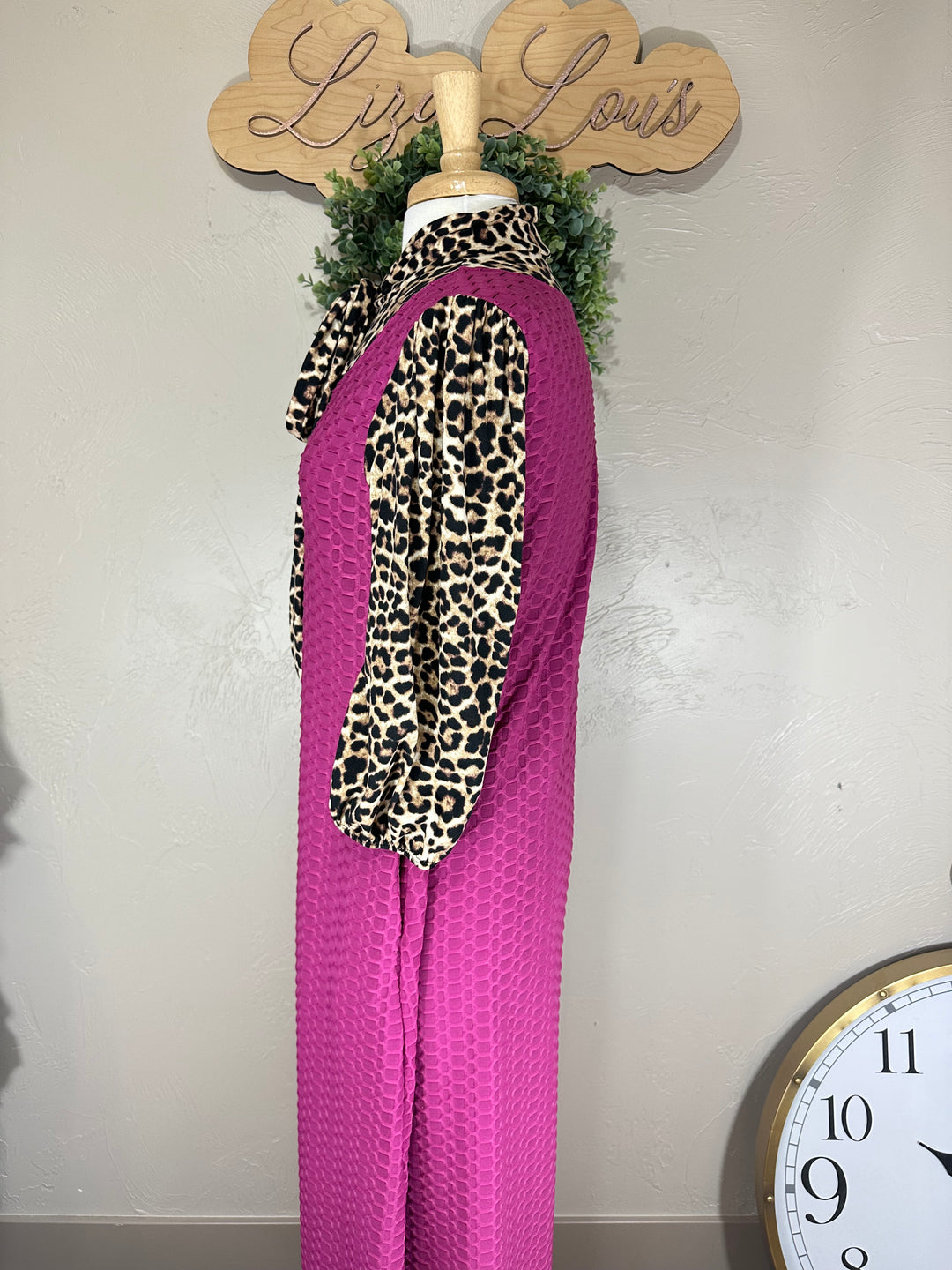 Women's Classic Long Modest Magenta Pink Honeycomb Dress with Animal Print Sleeves & Tie