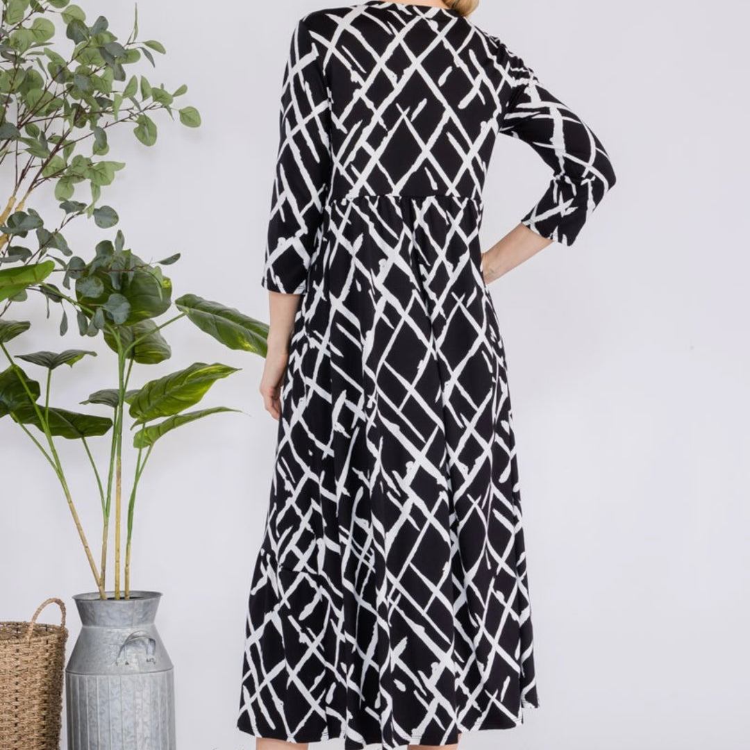 Women's Asymmetrical Tiered Midi Dress with Black with White Striped Slashes