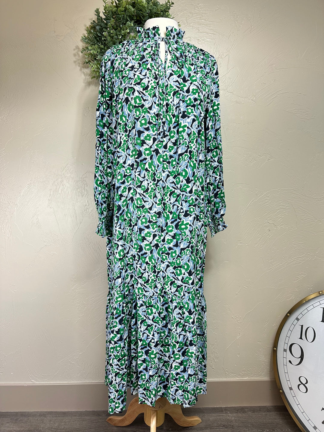 Liza Lou's Long Woven Maxi Dress Dark Navy/Black Background with Green Colors