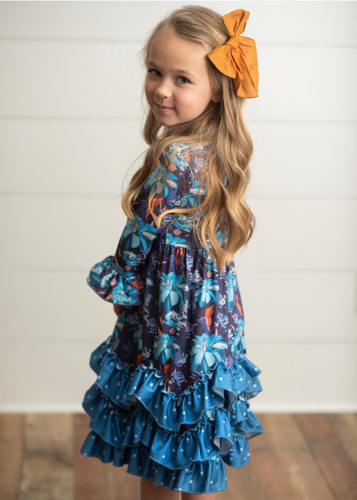 Liza Lou's Precious Girls Ruffled Long Maxi Dress Girls Mixed Blue Polka Dot floral print