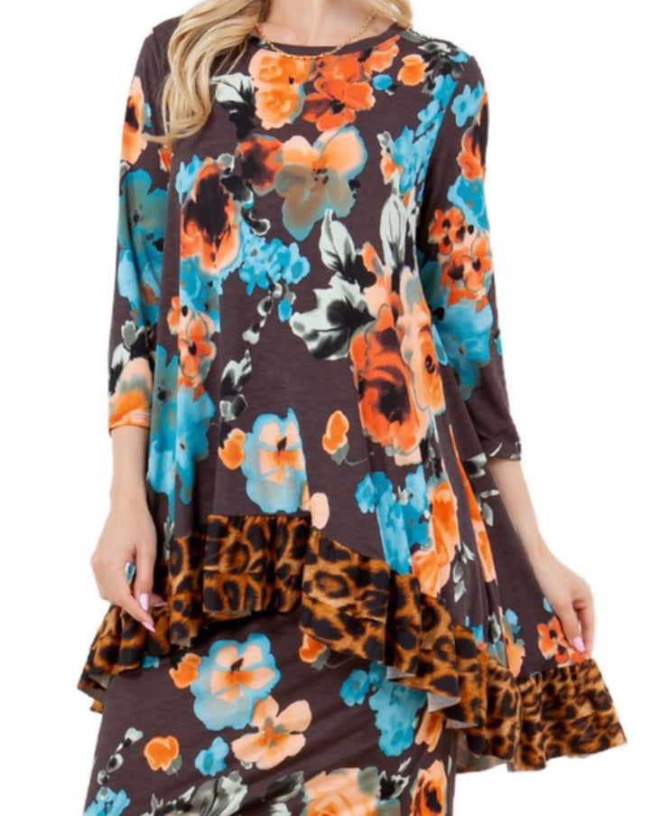 Katrina Asymmetrical Floral with Animal Print Contrast Top