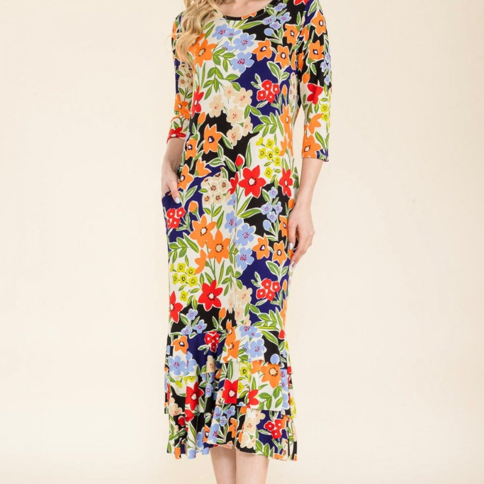 Liza Lou's Black/Blue Floral Long Layering Dress with Bottom Ruffles