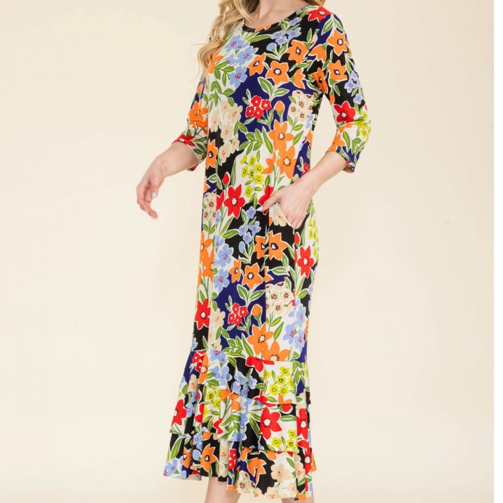 Liza Lou's Black/Blue Floral Long Layering Dress with Bottom Ruffles