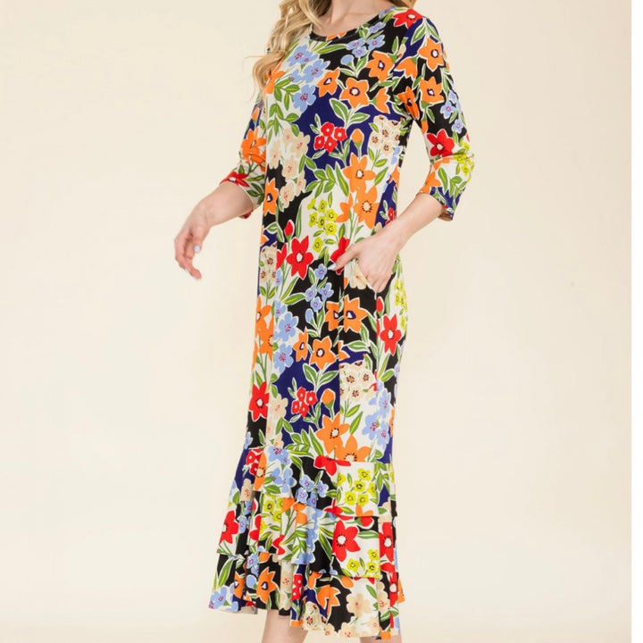 Liza Lou's Black/Blue Floral Long Layering Dress with Bottom Ruffles