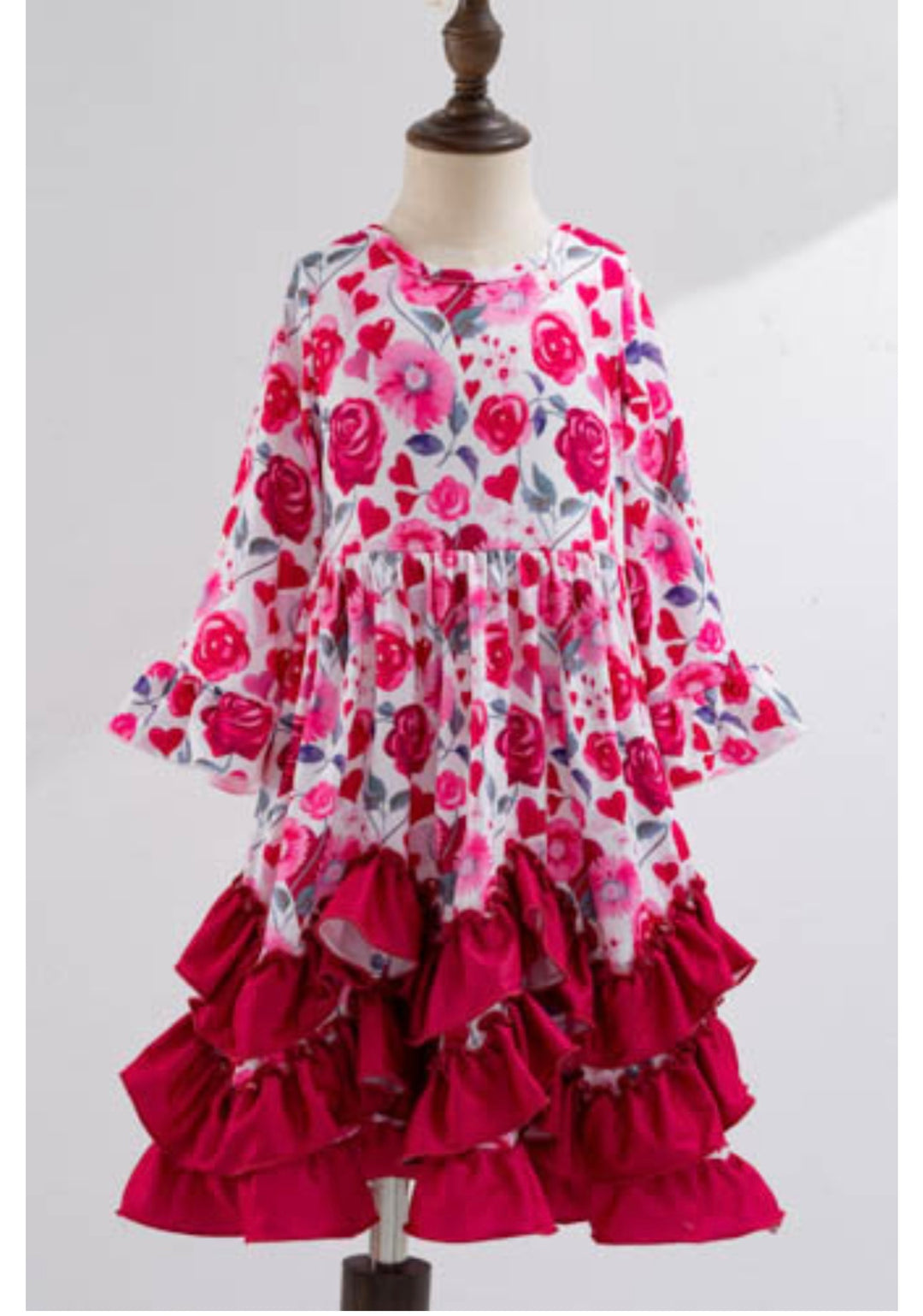 Girl's Rose Heart Pink Crimson Ruffled Dress Girl's Maxi Dress
