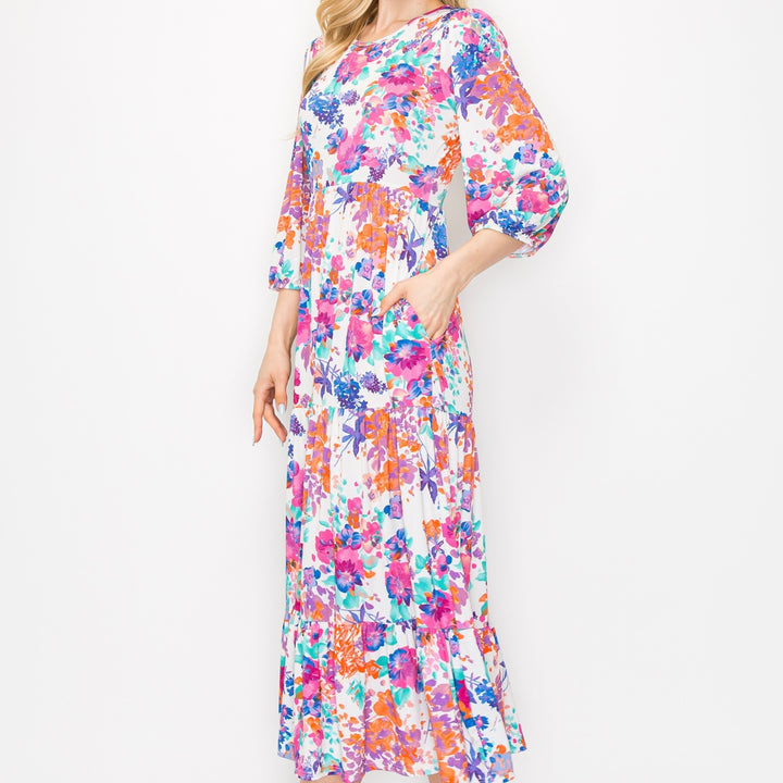 Liza's Spring/Summer Modest Long Floral Tiered Dress with Elastic Waist