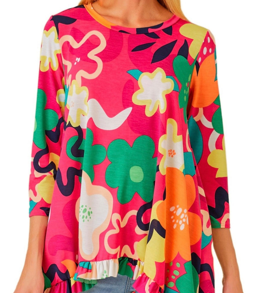 Women’s Asymmetrical Top Pink Floral Tunic Top with Ruffle
