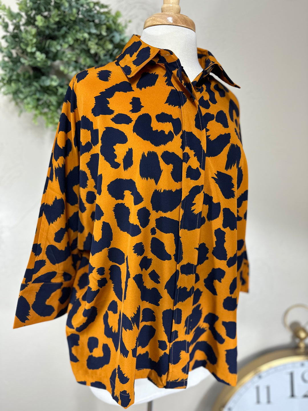 Liza’s Umgee Blouse Top w/ Navy Animal Print  Ochre Background