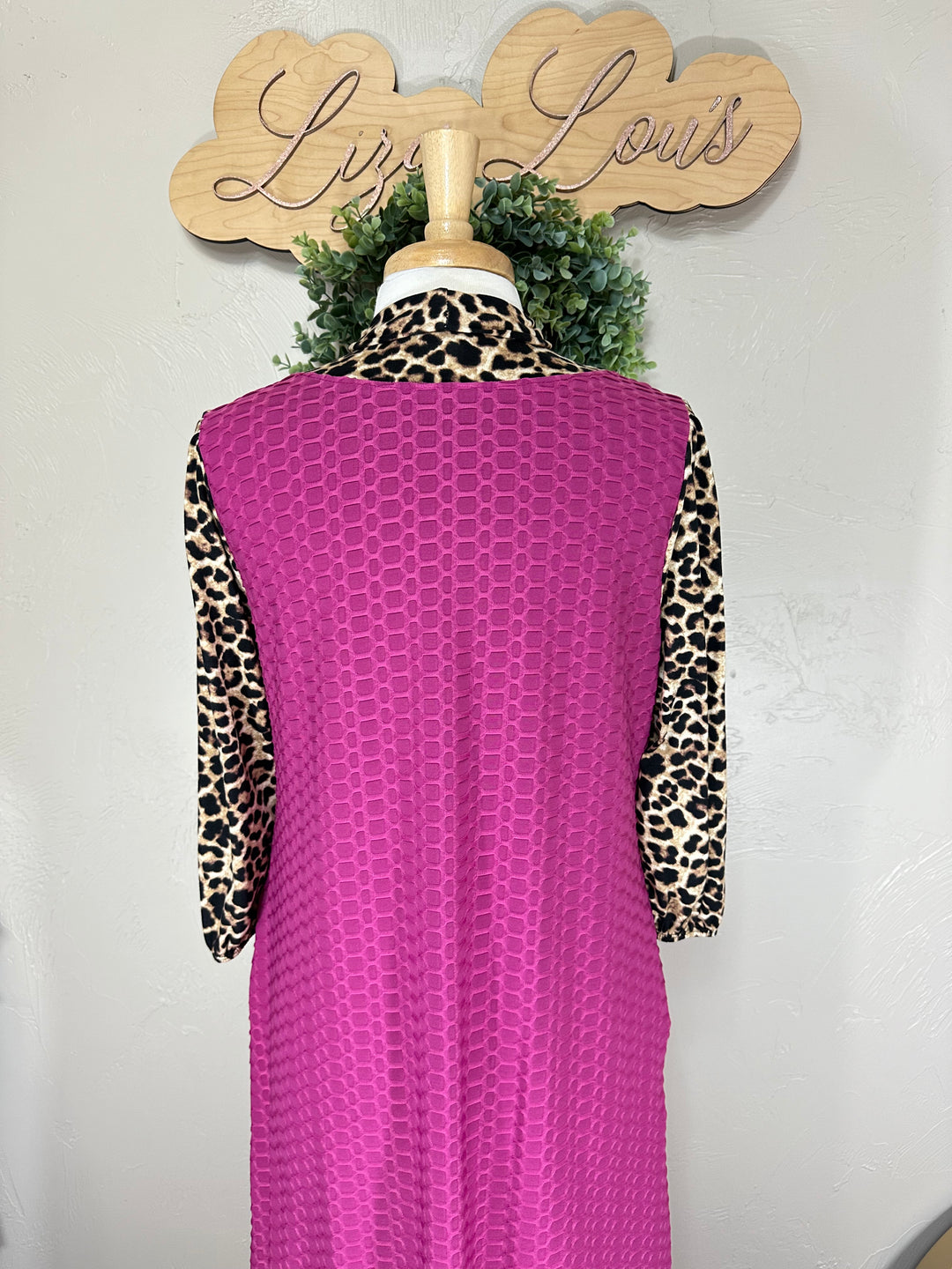 Women's Classic Long Modest Magenta Pink Honeycomb Dress with Animal Print Sleeves & Tie