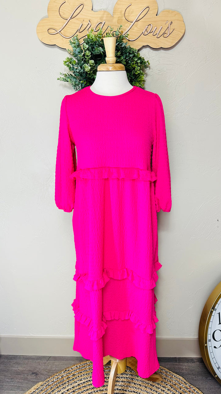 Selena Textured Classic Fuchsia Tiered Ruffle Long Dress