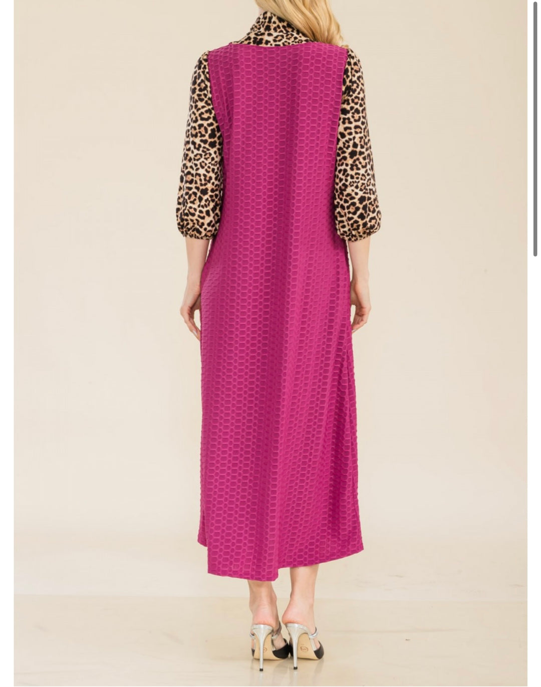 Women's Classic Long Modest Magenta Pink Honeycomb Dress with Animal Print Sleeves & Tie