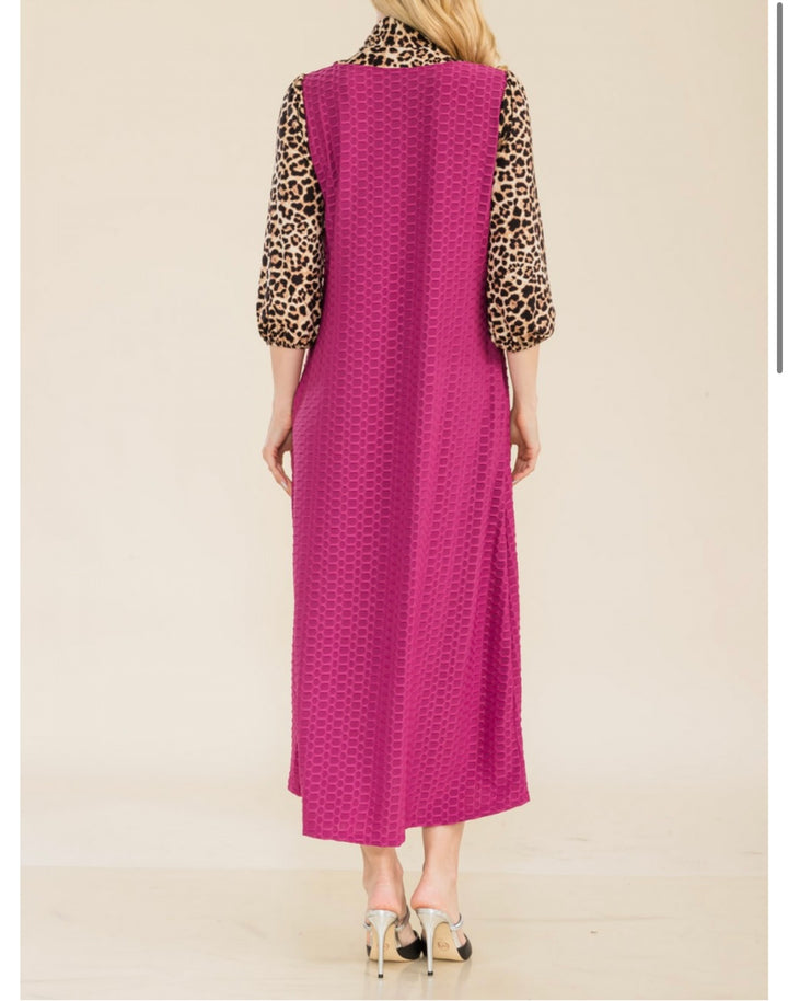 Women's Classic Long Modest Magenta Pink Honeycomb Dress with Animal Print Sleeves & Tie