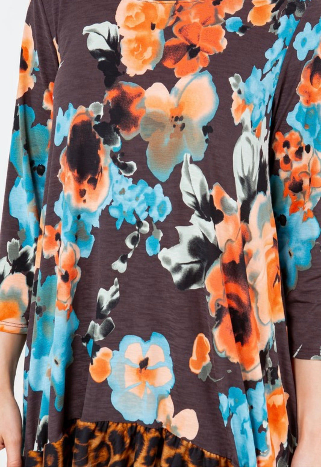 Katrina Asymmetrical Floral with Animal Print Contrast Top