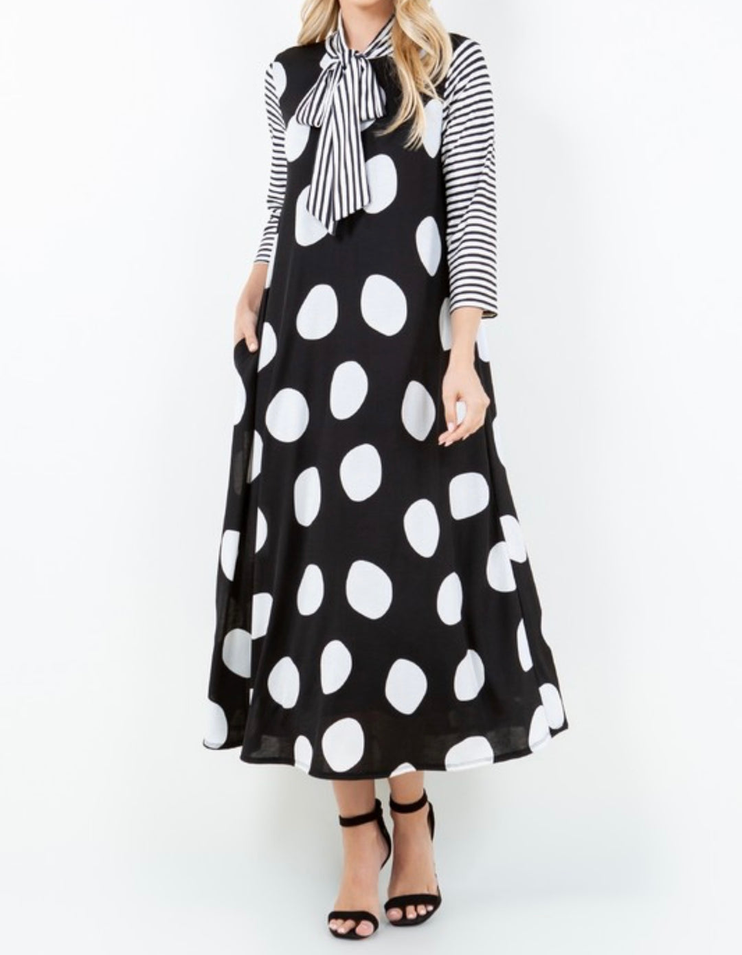 Liza Lou's Park View Polka Dot Black Dress with Stripes Contrast