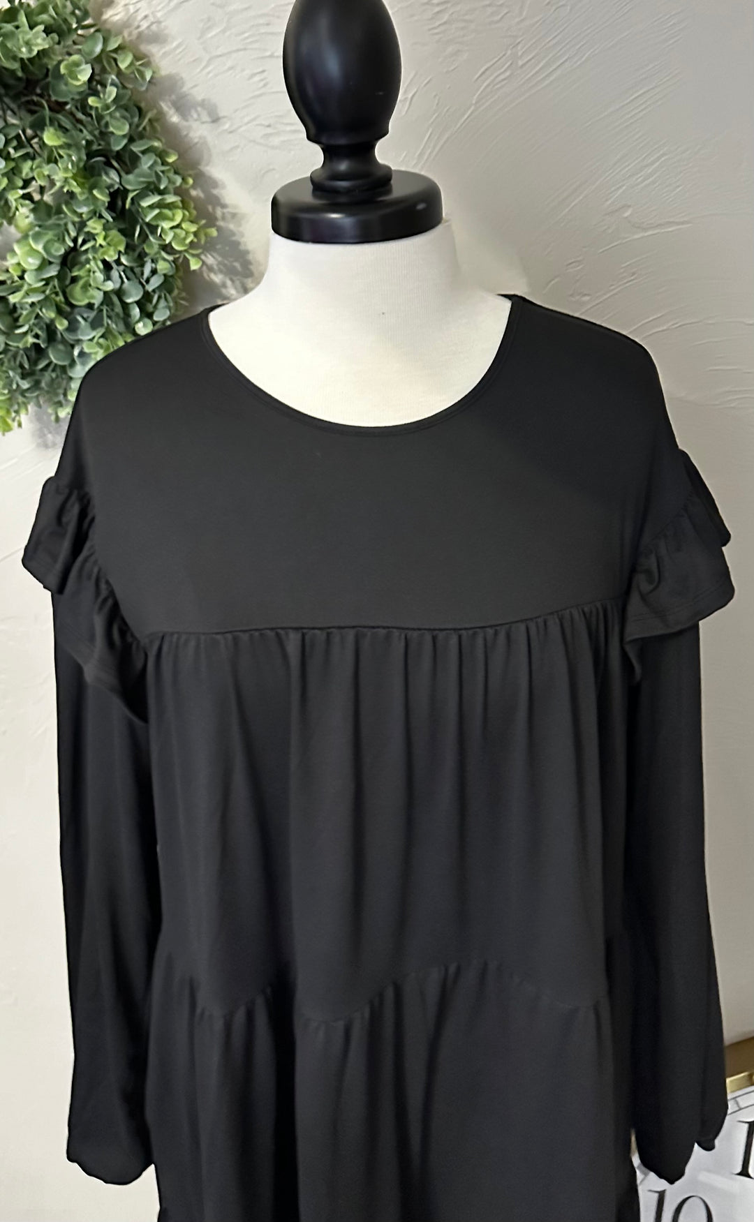 Women's Black Tiered Tunic Top with Sleeve Detail on Long Sleeves