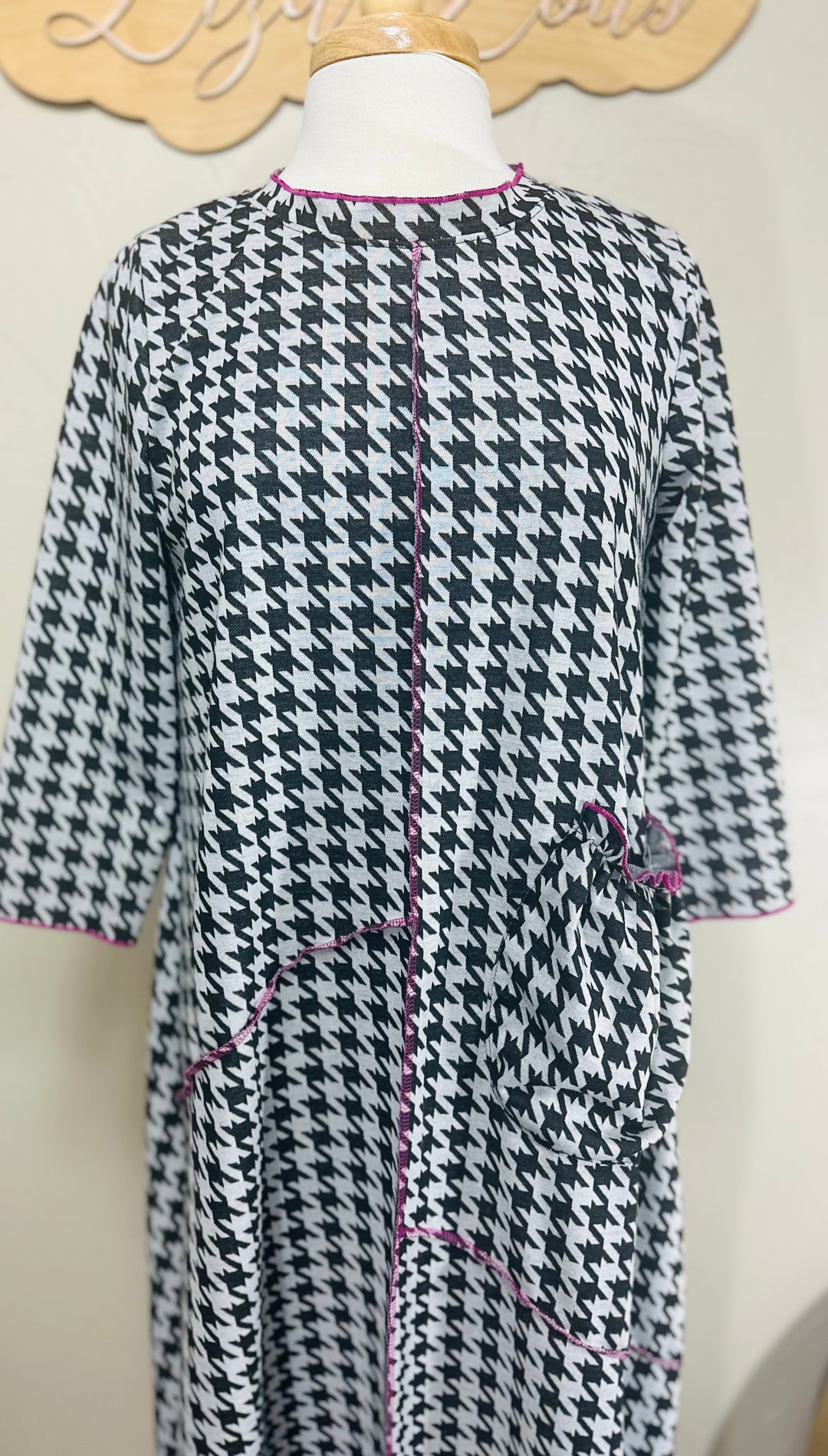 Selena Houndstooth Long Modest Dress with Magenta Pink Stitching