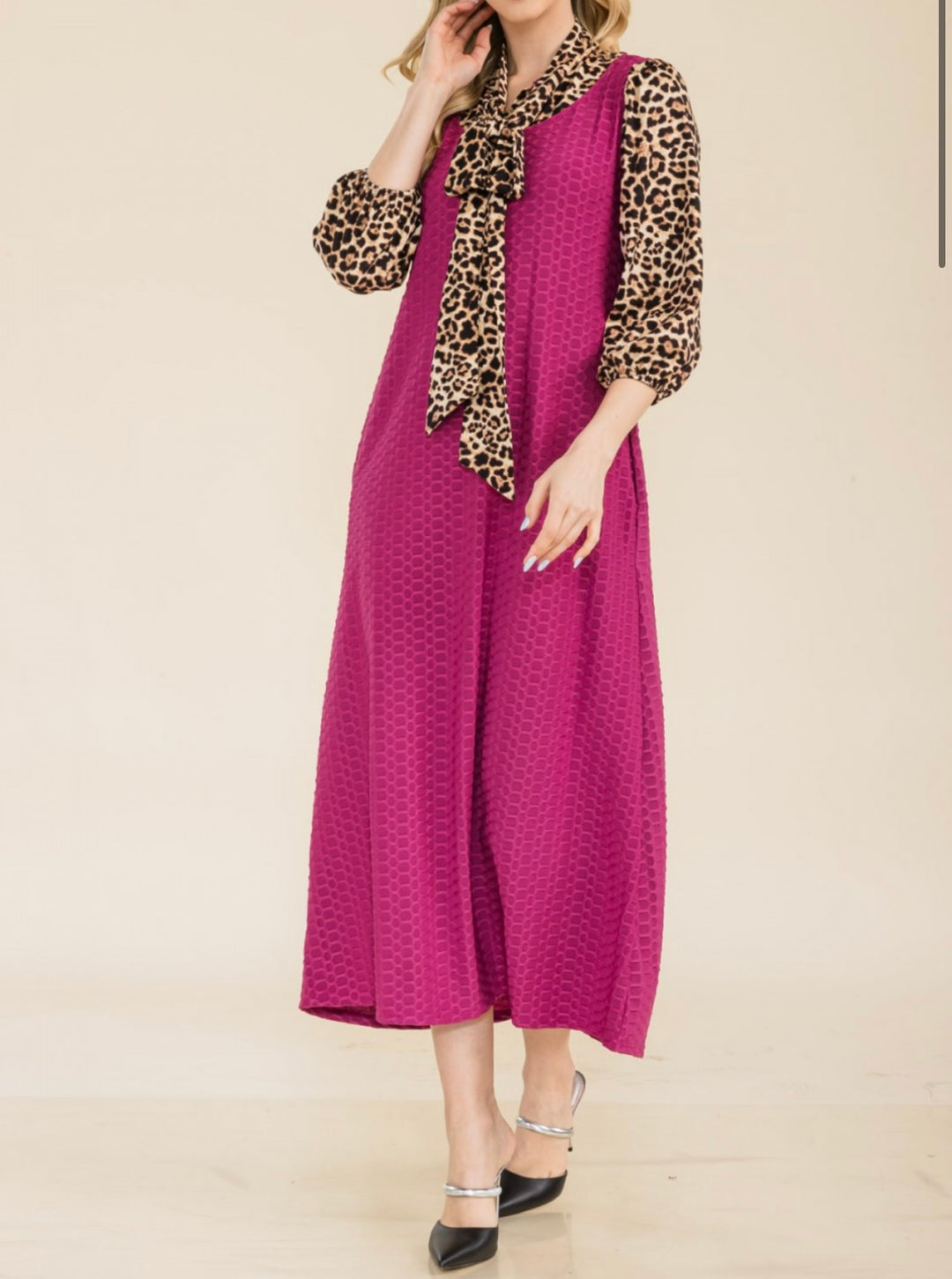 Women's Classic Long Modest Magenta Pink Honeycomb Dress with Animal Print Sleeves & Tie